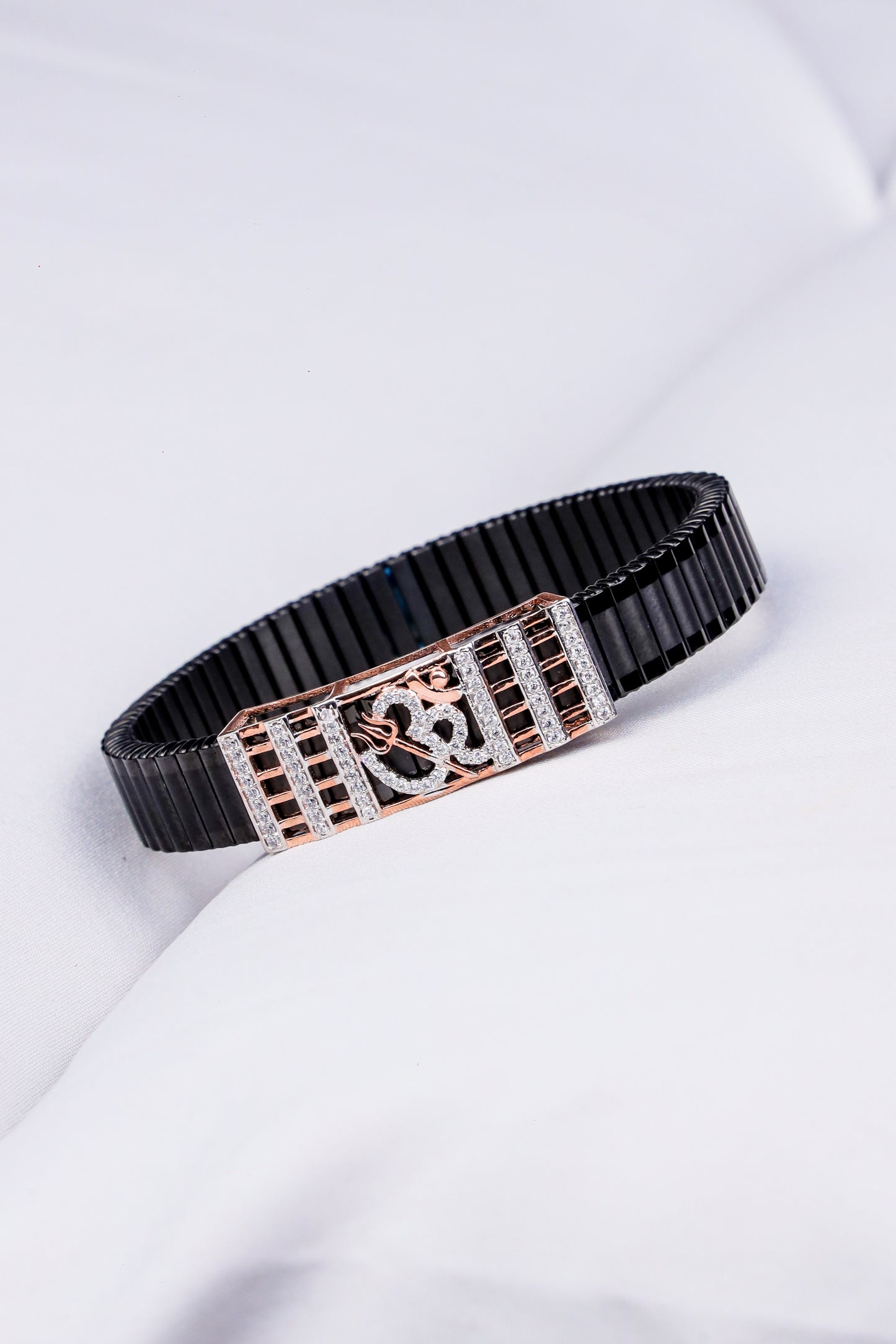 Om Symbol Black Strap Bracelet with CZ Accents