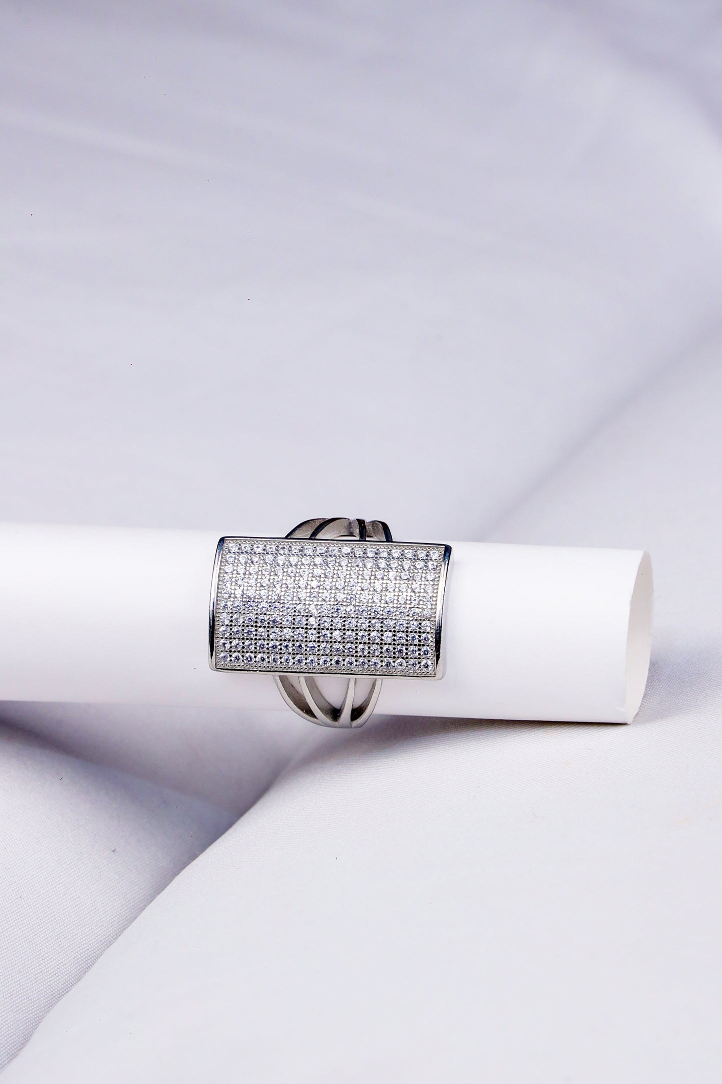 Silver-Plated Wide Statement Ring with CZ Stones