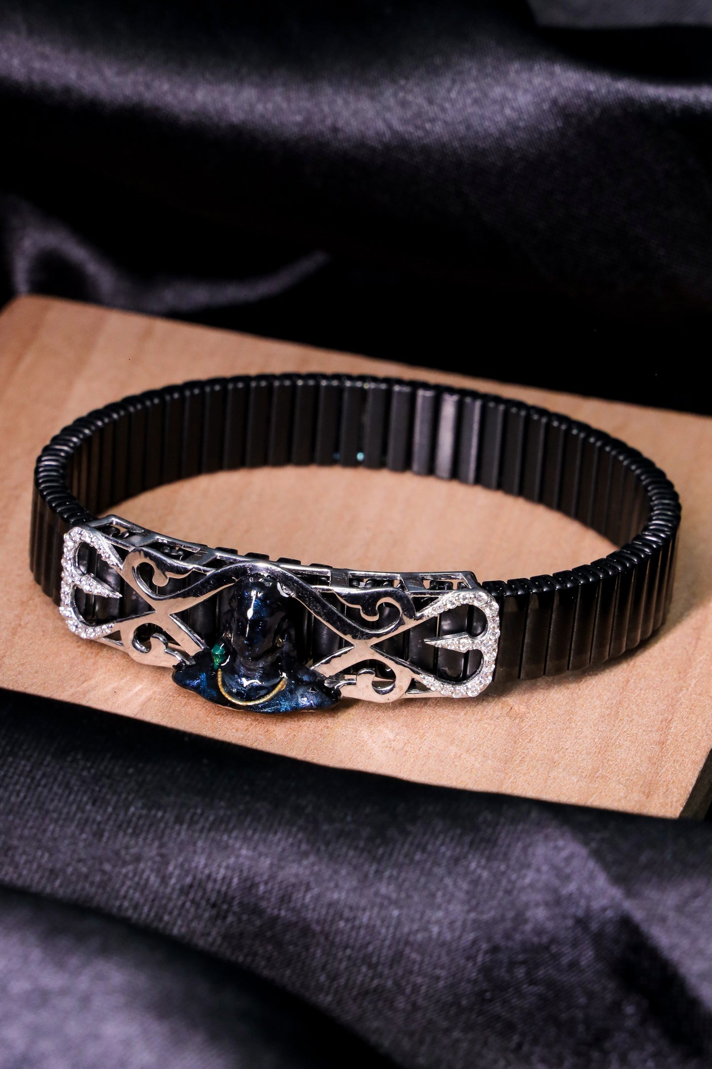 Black Stretch Bracelet with Lord Shiva Design and Silver Detailing