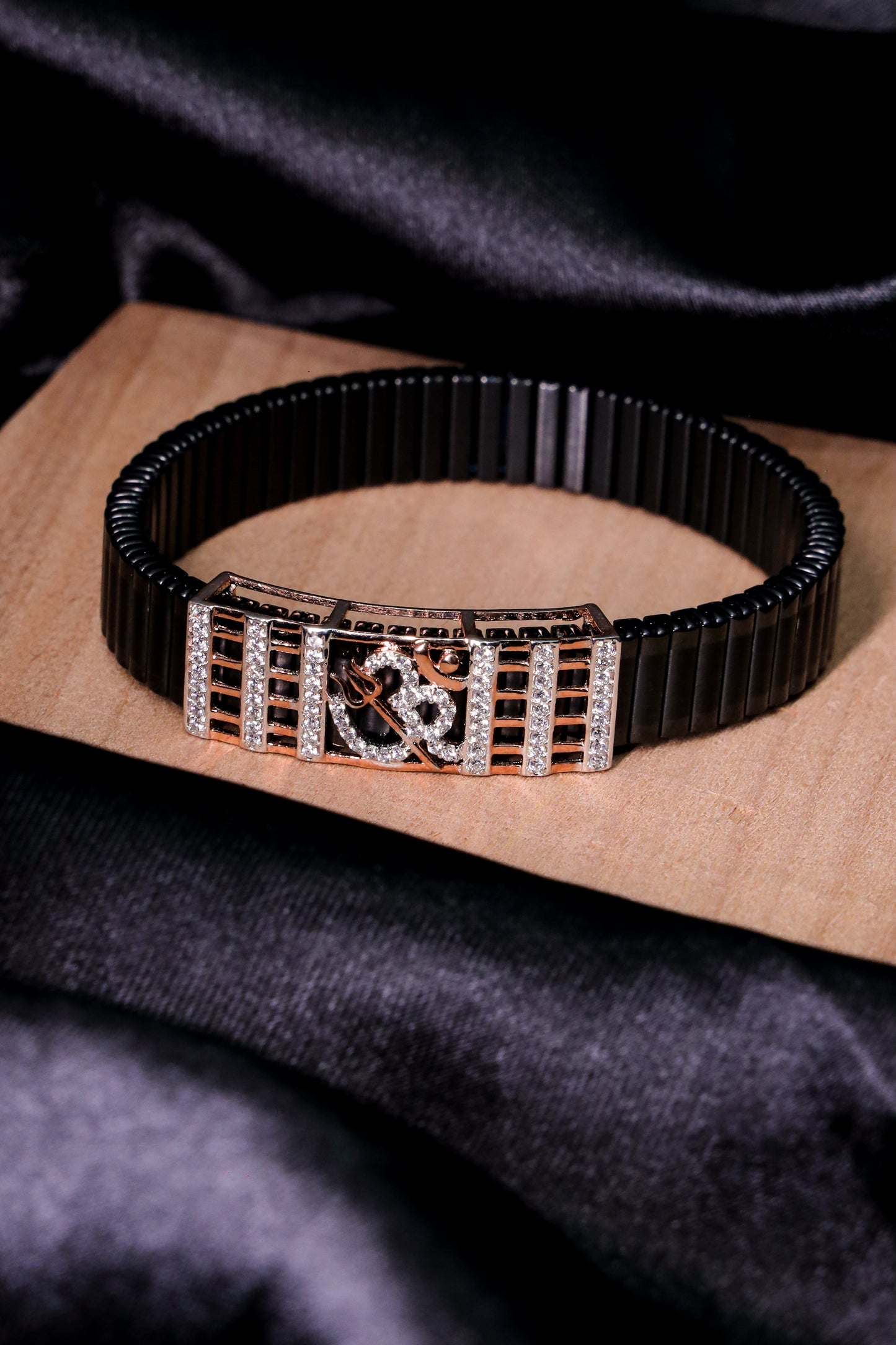 Om Symbol Black Strap Bracelet with CZ Accents