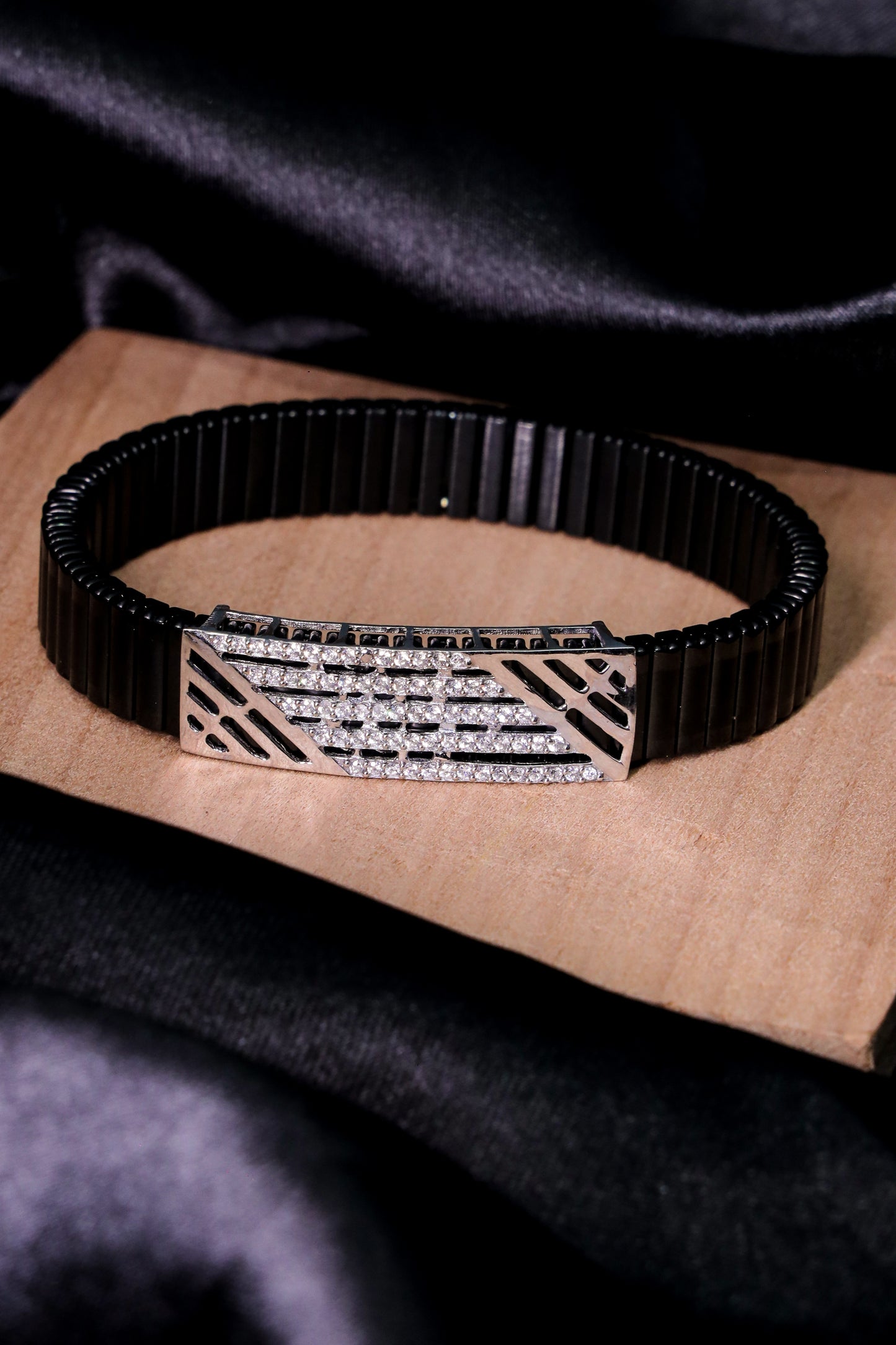 Men’s Black Stretch Bracelet with Silver Geometric Accent