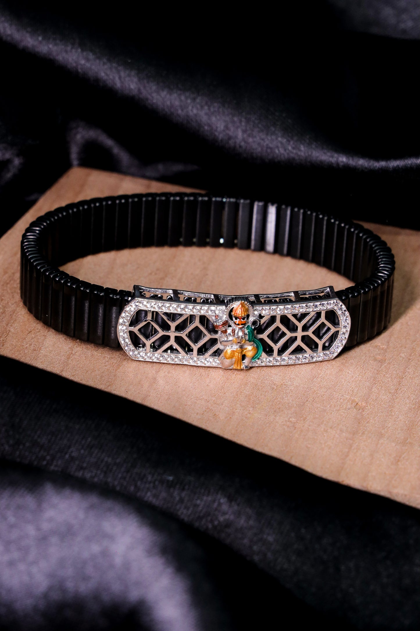 Hanuman Ji Black Strap Bracelet with CZ Detailing