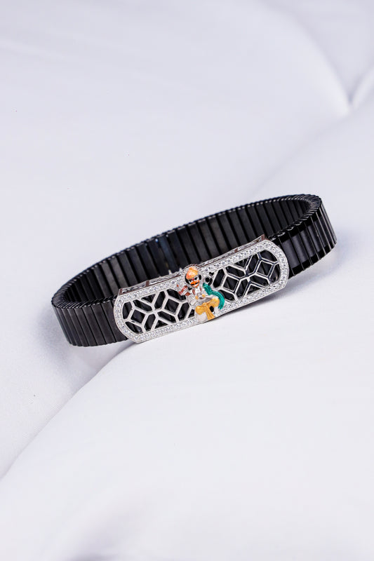 Hanuman Ji Black Strap Bracelet with CZ Detailing