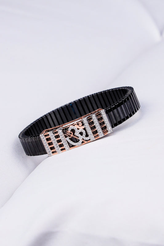Om Symbol Black Strap Bracelet with CZ Accents