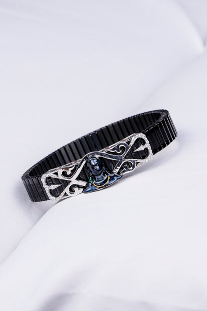 Black Stretch Bracelet with Lord Shiva Design and Silver Detailing