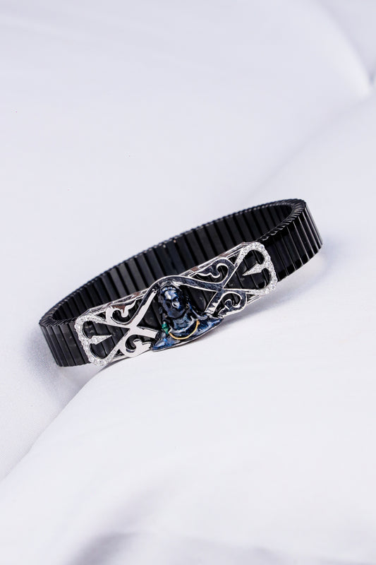 Black Stretch Bracelet with Lord Shiva Design and Silver Detailing