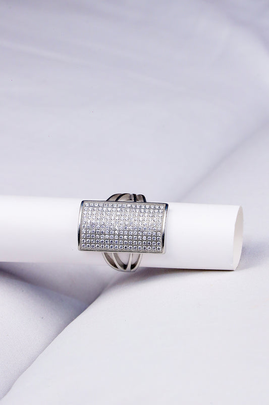 Silver-Plated Wide Statement Ring with CZ Stones